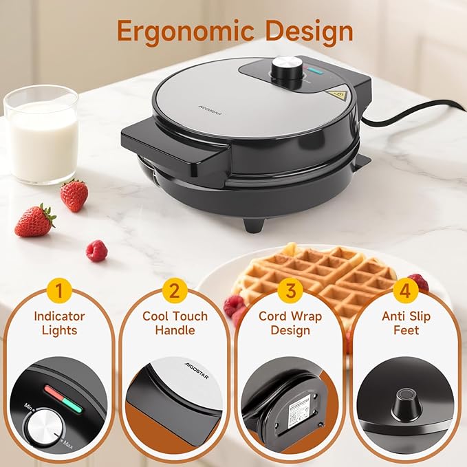 Round Waffle Maker with Adjustable Temperature Control – Non-Stick Deep Fill Belgian & American Waffle Iron, Cool-Touch Handle, 1000W Stainless Steel Design